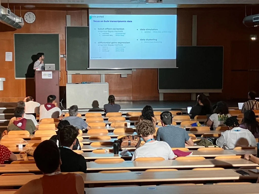 Maximilien Colange presenting the InMoose data engineering demo at JOBIM 2025.